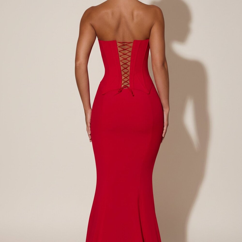Oh Polly Lace-Up Corset Fishtail Maxi Dress in Red 4